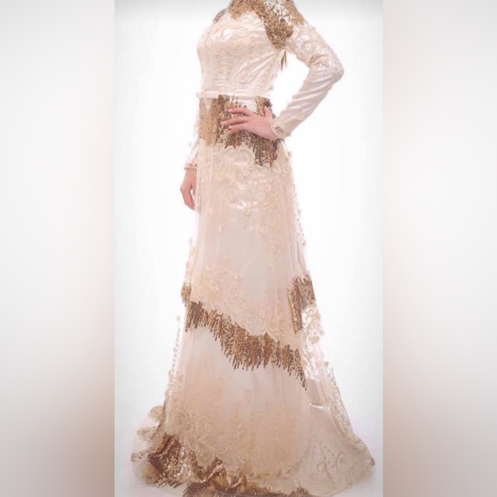 Ivory and Gold Lace Long-Sleeve Special Occassion Gown